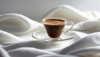 Obraz premium Overhead shot of a brewed espresso in a clear glass mug placed on a white table