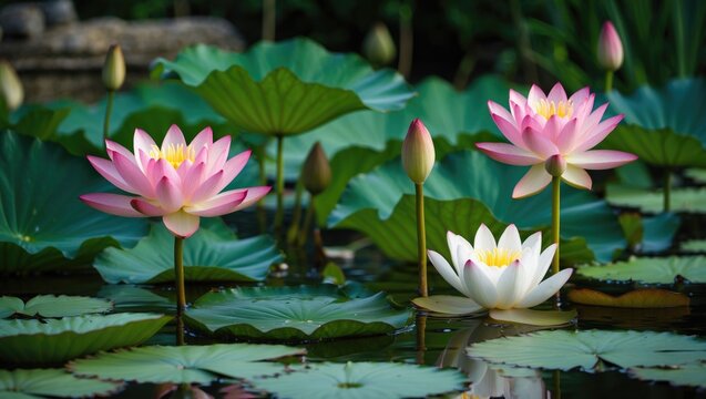 A serene pond scene featuring a pink waterlily and three white lotus flowers surrounded by large lotus leaves.