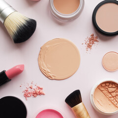 A flat lay photography of makeup products and brushes on a light pink background.