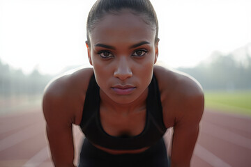 Determined Female Athlete in Starting Position, Ready to Race, Powerful and Focused, Outdoor Track, Sunrise.