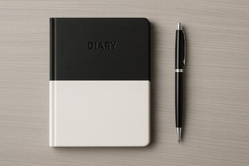 Gray-scale notebook paired with a pen for writing