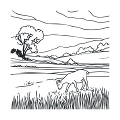 Fototapeta premium Tranquil countryside landscape with grazing goat and rolling hills