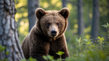 Fototapeta premium Forest scene featuring a bear cub
