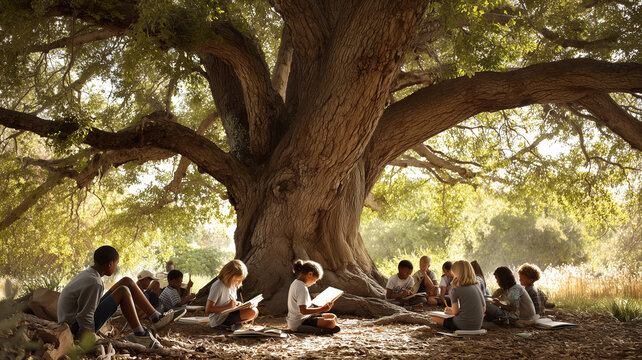 Children reading books under large tree in forest