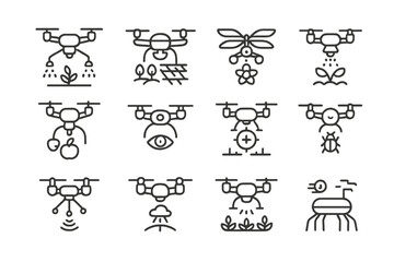 Obraz premium Farming drones: precision agriculture technology icons in gray scale