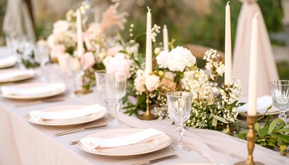 Elegant table setting with pastel flowers and candles