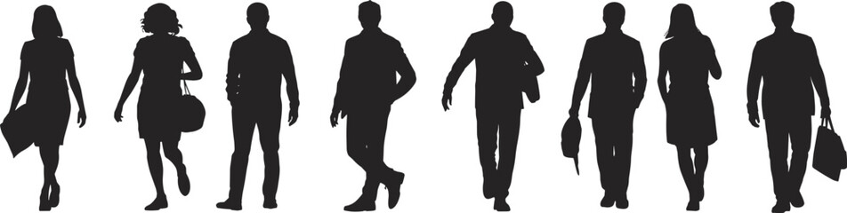 Business professionals walking, corporate silhouettes, urban environment, teamwork concept, professional attire, office commute, leadership, collaboration, success, career,
