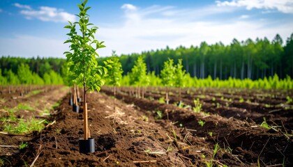 Young tree saplings planted in neat rows in a field for reforestation, symbolizing new growth and environmental conservation