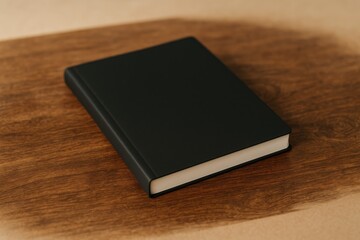 Black notebook placed on a wooden tabletop