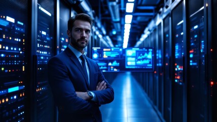 A confident IT professional stands arms crossed in a modern server room