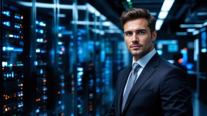 A confident IT professional stands amidst a server room s glowing infrastructure