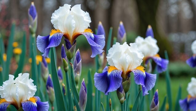 Colorful bearded iris flowers flourishing in a spring garden