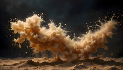 A dramatic sandstorm erupts over a desolate landscape under a dark sky creating a powerful visual impact