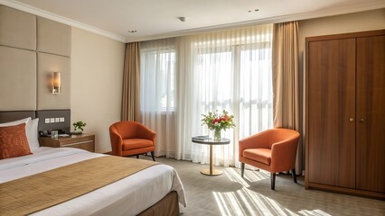 Luxury hotel room interior with comfortable seating and sunlight streaming through sheer curtains.