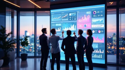 A team analyzes data displayed on a large interactive screen strategizing over their business future
