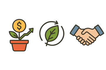 ESG concept icon set for business. Financial growth with money plant, environmental sustainability leaf, and partnership handshake. Vector illustrations for ethical investment.