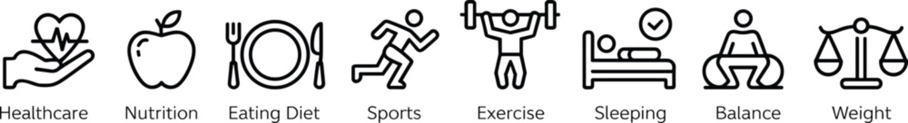 Healthy lifestyle icons, healthcare symbol, nutrition and diet, sports and exercise, sleep and balance, weight management, wellness, fitness, health