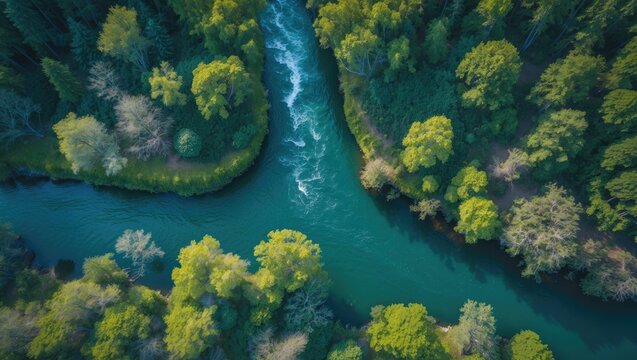 Overhead shot capturing a winding river amidst vibrant wilderness - Powered by Adobe