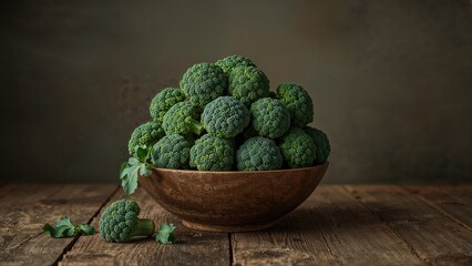 Wooden bowl filled with broccoli crowns on a table
