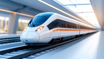 Naklejka premium Modern high-speed train speeding through a contemporary station on its tracks