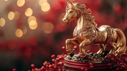 Fototapeta premium Chinese New Year celebration. Golden decorative horse figurine with floral ornament on red background with bokeh lights.