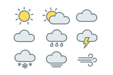 Weather icon set. Collection of meteorological forecast symbols. Includes sun, cloud, rain, storm with lightning, wind, fog, and snow. Simple cartoon line art vector.
