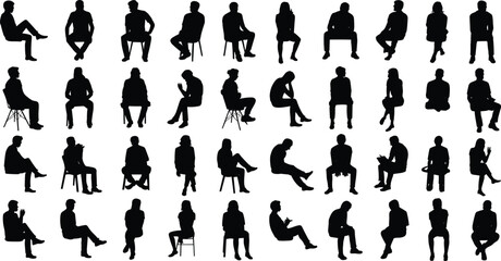 Silhouettes of people sitting, various poses, chair and stool, black figures, white background, design element, posture, seating, vector graphic