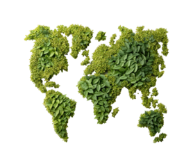 Global green landscape earth's map formed from leafy plants nature, isolated on transparent background, png