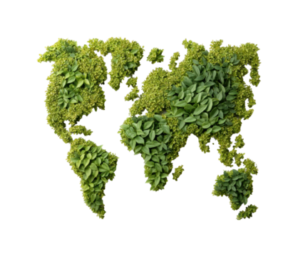 Global green landscape earth's map formed from leafy plants nature, isolated on transparent background, png