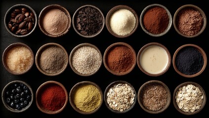 An array of small bowls filled with different types and colors of powder, including brown sugar, rolled oats, or grains like spelt or quinoa on a black background. 