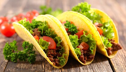 A delectable trio of ground meat tacos, brimming with fresh lettuce and diced tomatoes, beautifully presented on a rustic wooden surface for a satisfying, flavorful meal