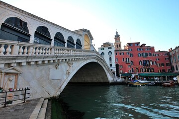 Morning view of Rialto Bridge in Venice, Italy