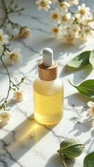Natural serum bottle with wooden cap surrounded by leaves and flowers on marble surface