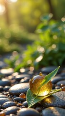 Sunlit dew drop on leaf with stone pebbles in serene nature setting