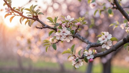 Obraz premium Blooming apple tree branch in spring against a blurred backdrop
