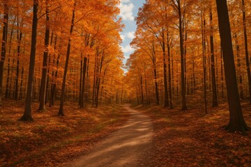 Fototapeta premium Seasonal Forest Walkway During Fall