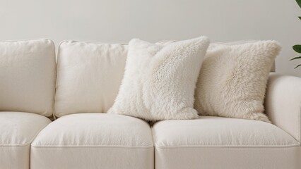 Well-lit lounge area showcasing a plush sofa with a smooth finish and blurred backdrop.