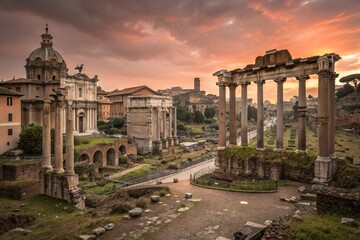 Naklejka premium Ancient Roman Forum at Sunset Historic Ruins and Dramatic Sky