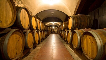 Aged wooden barrels in a cellar