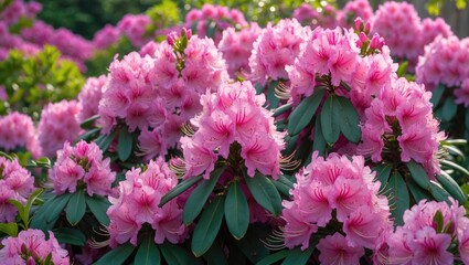 Vibrant rhododendron bush covered in an abundance of pink blooms