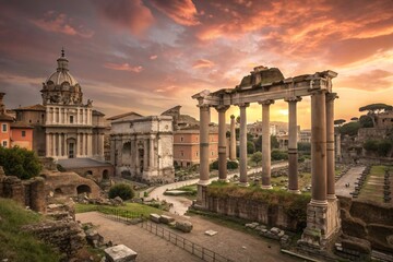 Naklejka premium Ancient Roman Forum at Sunset Historic Ruins and Dramatic Sky