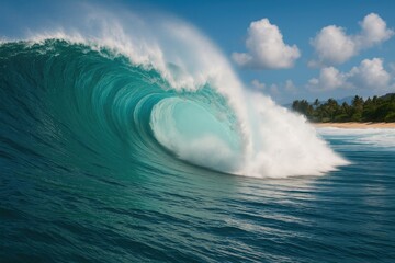 Giant ocean wave pounding the northern shoreline of a tropical island