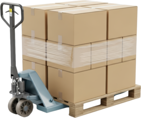 Pallet jack lifting a stack of cardboard boxes secured with clear plastic wrap on a wooden pallet cargo transparent background