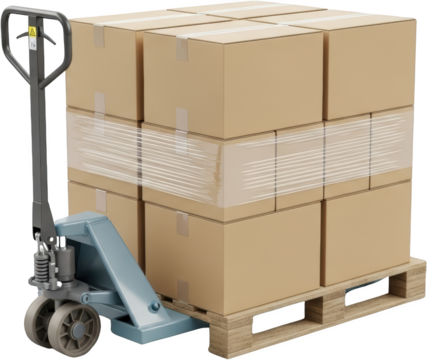 Pallet jack lifting a stack of cardboard boxes secured with clear plastic wrap on a wooden pallet cargo transparent background