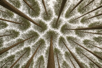 A view from the ground level of pine trees