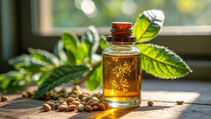 Golden argan oil bottle with nuts and green leaves in sunlit setting