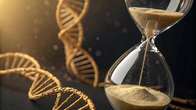 Golden DNA helix and an hourglass with flowing sand representing the genetic timeline, aging process, and mortality.