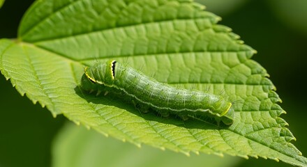Obraz premium Green Caterpillar on Leaf Close-Up