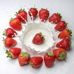 Circle Strawberries with Milk Splash on Transparent Background