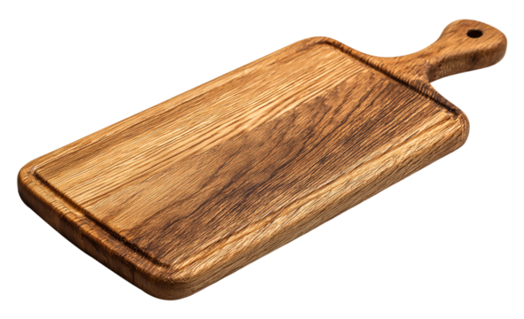 A rustic wooden cutting board with a handle, perfect for food preparation isolated on transparent background